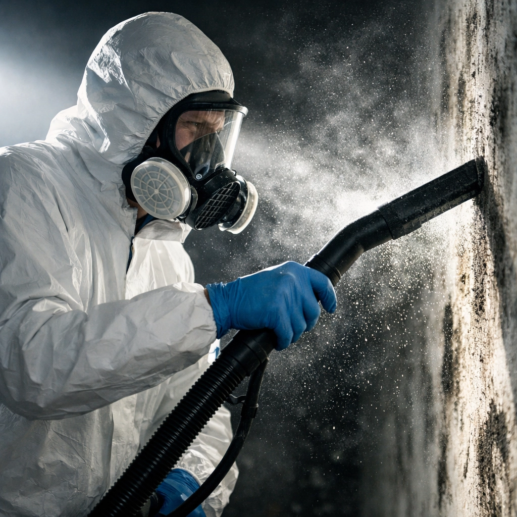 Mold remediation technician in protective gear using HEPA vacuum for safe removal
