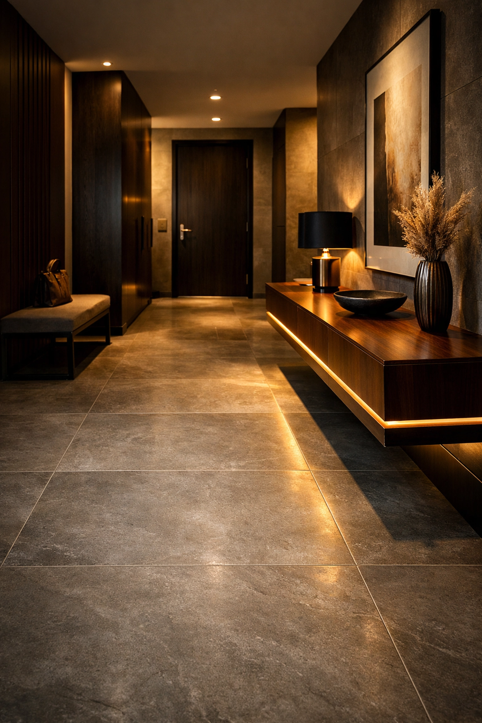 Modern entryway with large-format stone-effect porcelain tiles professionally installed by Swanbourne Construction.