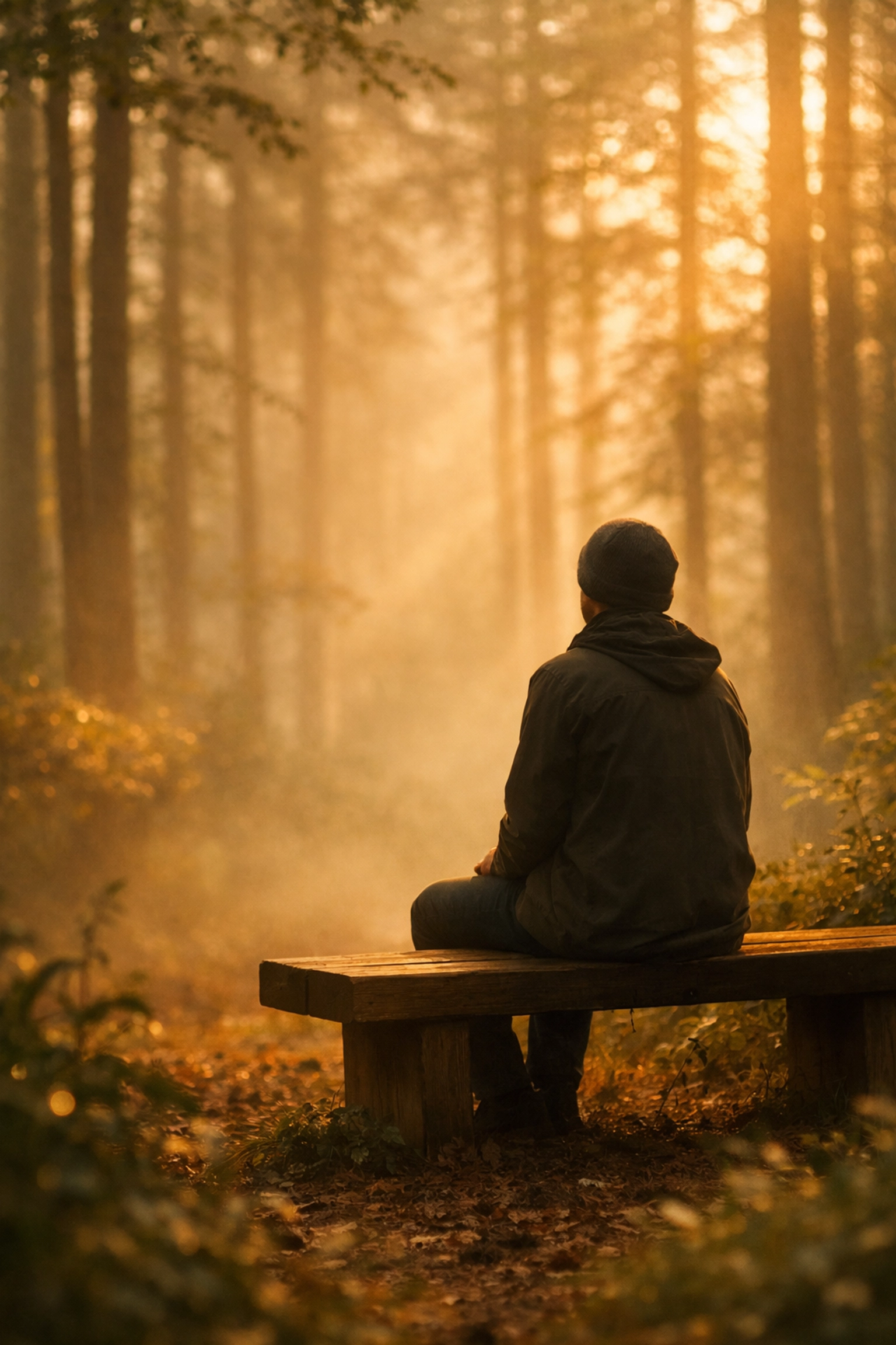 Person in quiet contemplation on forest bench exploring the wound of recognition and self-reflection