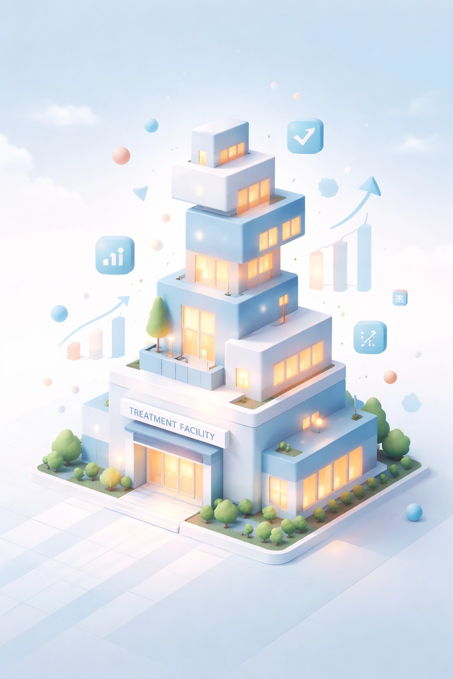 A modern rehab facility expanding upward, symbolizing sustainable culture and growth in treatment centers.