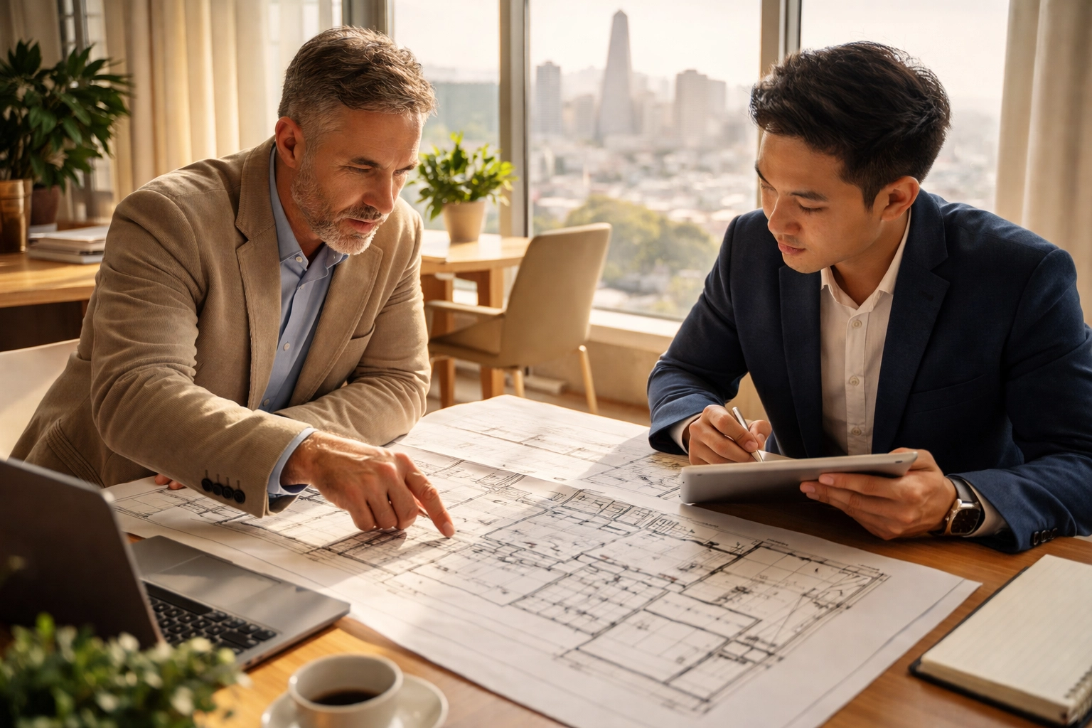 Restaurant consultants reviewing blueprints for a feasibility study and strategic turnaround plan