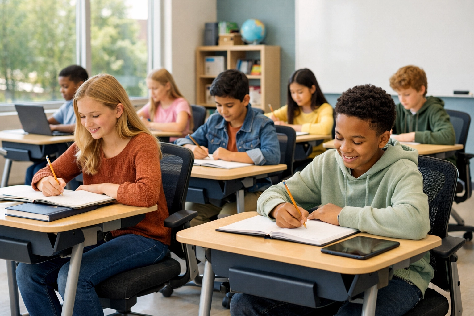 Students comfortably using ergonomic classroom chairs (student chairs) and student desks in a bright modern classroom