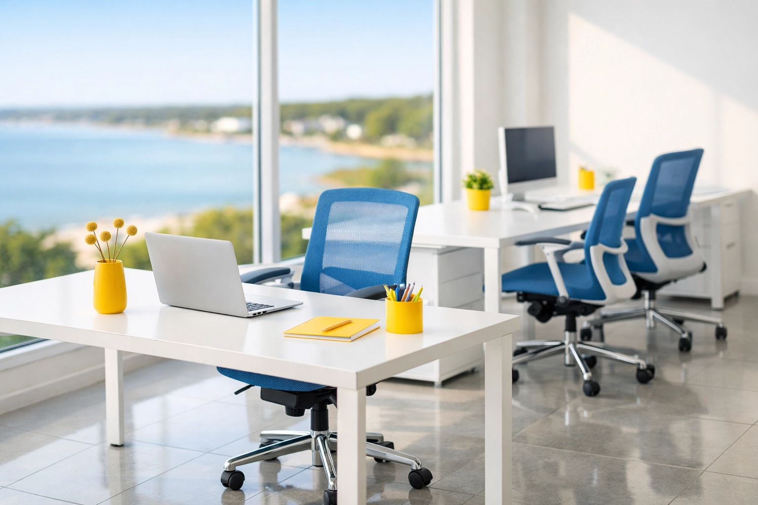 Modern Mashpee office space with polished tile floors after professional cleaning service.