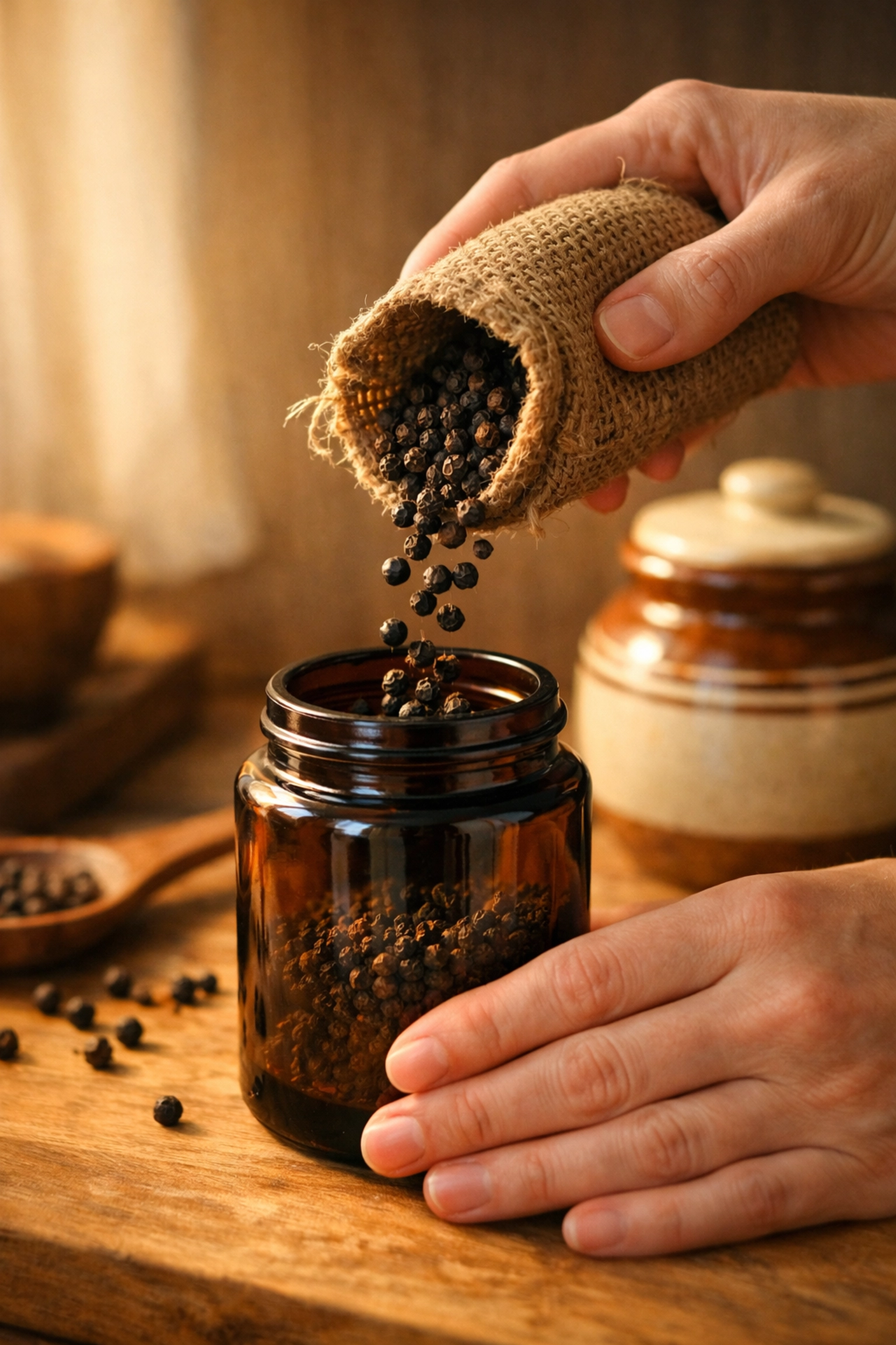 Storing fresh whole black pepper in an airtight jar to preserve the quality of spices from Kerala.