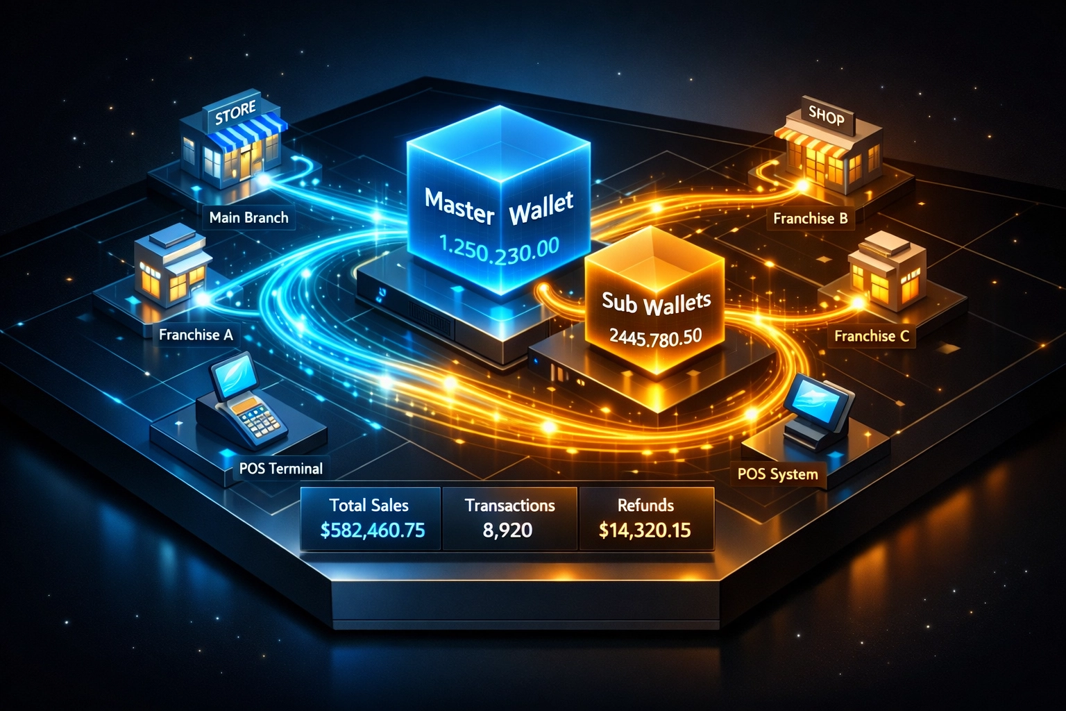 Enterprise merchant payment dashboard with master and sub-wallet infrastructure for Web3 commerce