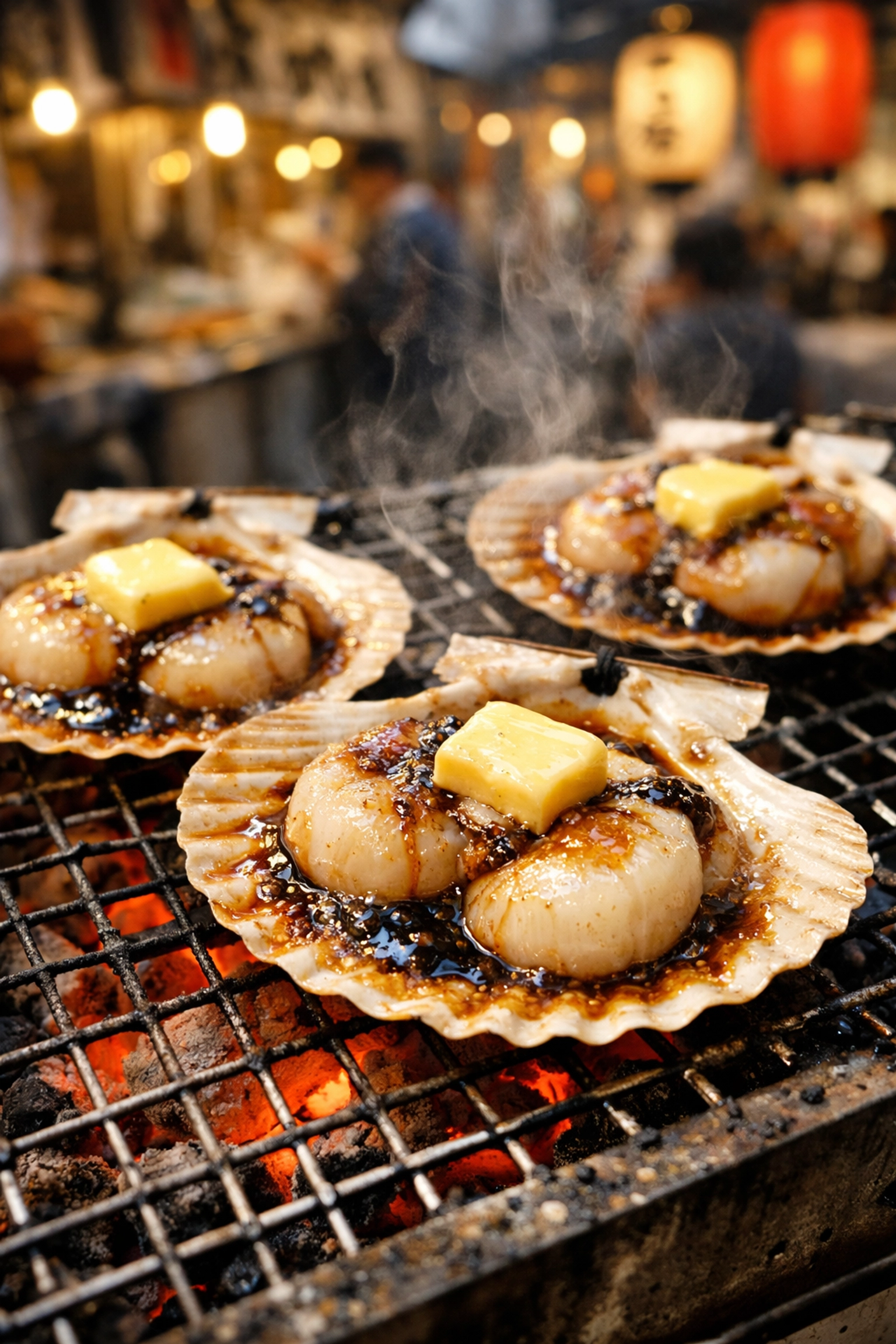 Grilled jumbo scallops with butter and soy sauce at a Tsukiji Outer Market street food stall.