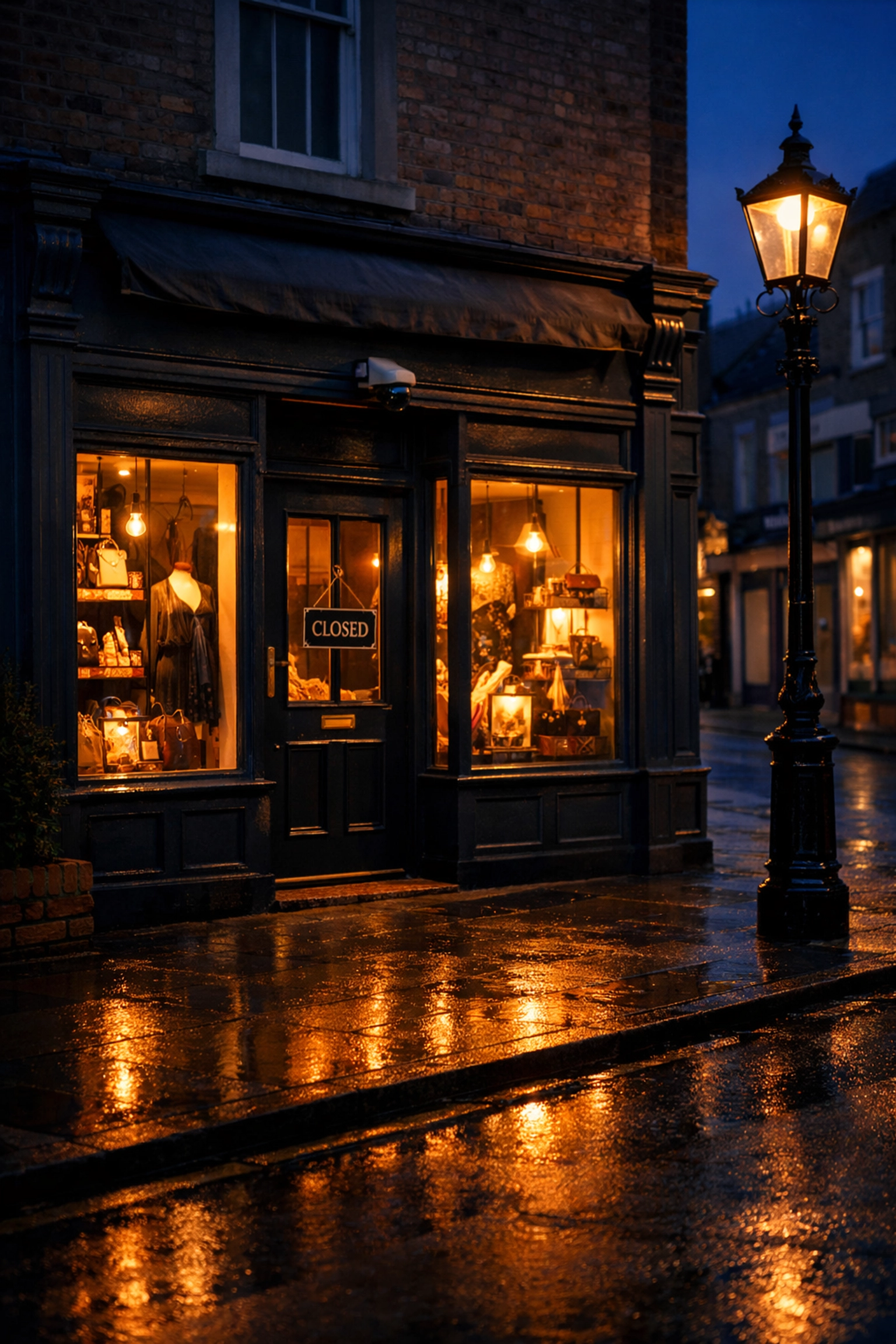 Retail shop security camera protecting a boutique storefront in Swindon town centre at night.