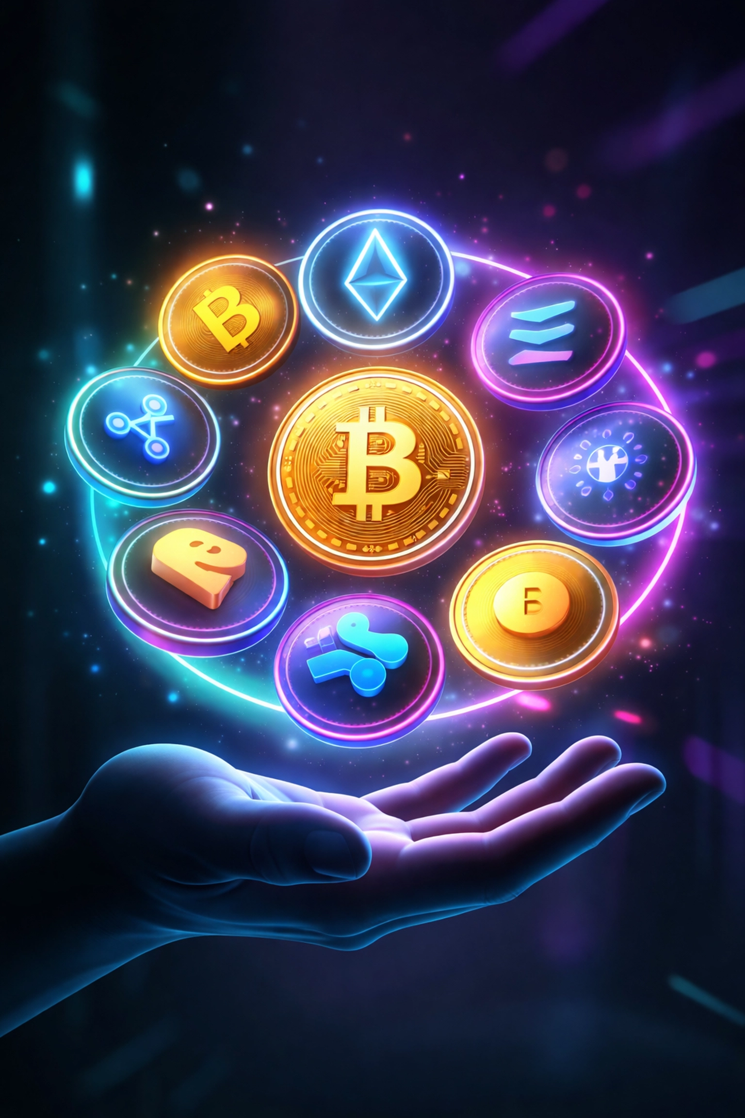 Assorted cryptocurrency tokens floating above a hand, representing choice and flexibility in earning crypto rewards.