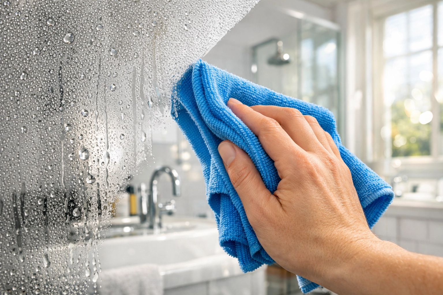 Cleaning a foggy bathroom mirror with a blue microfiber cloth for a streak-free reflection.