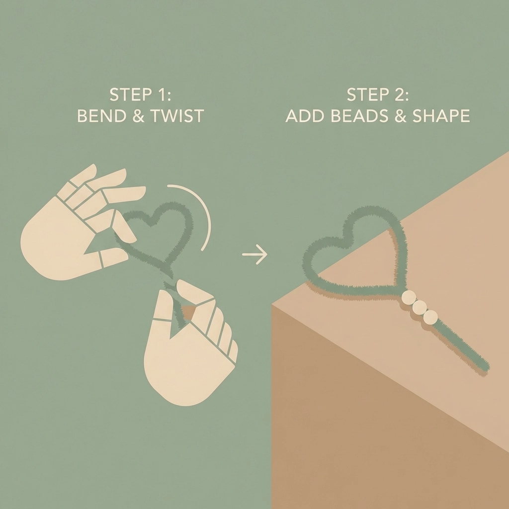 Hands twisting a heart-shaped pipe cleaner to make a homemade bubble wand with beads