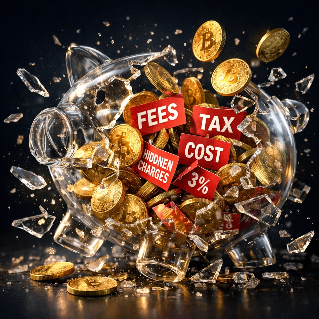 Hidden crypto payment fees revealed with coins and fee labels spilling from broken piggy bank