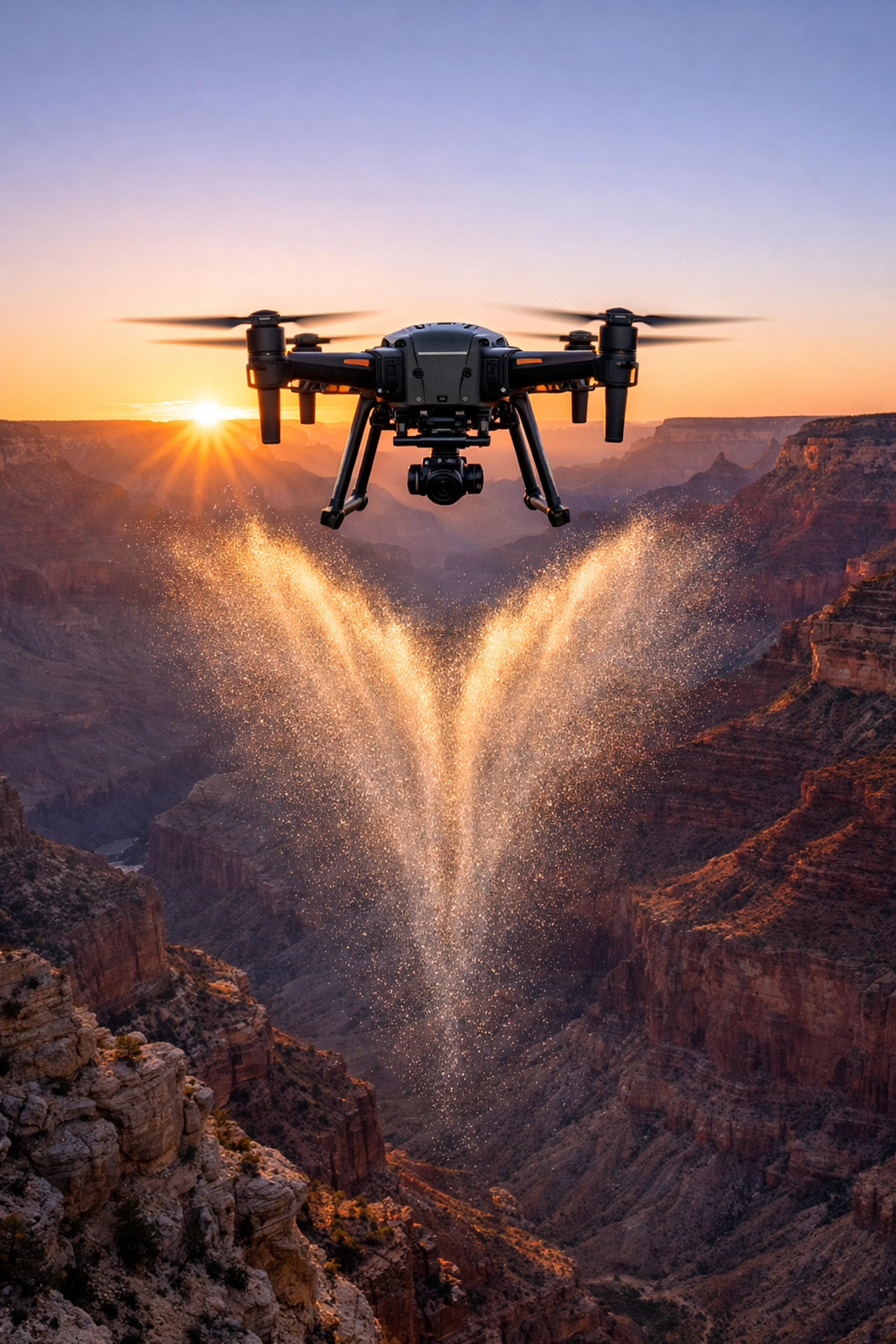 Dignified drone ash scattering ceremony over the Grand Canyon at sunrise for a serene memorial.