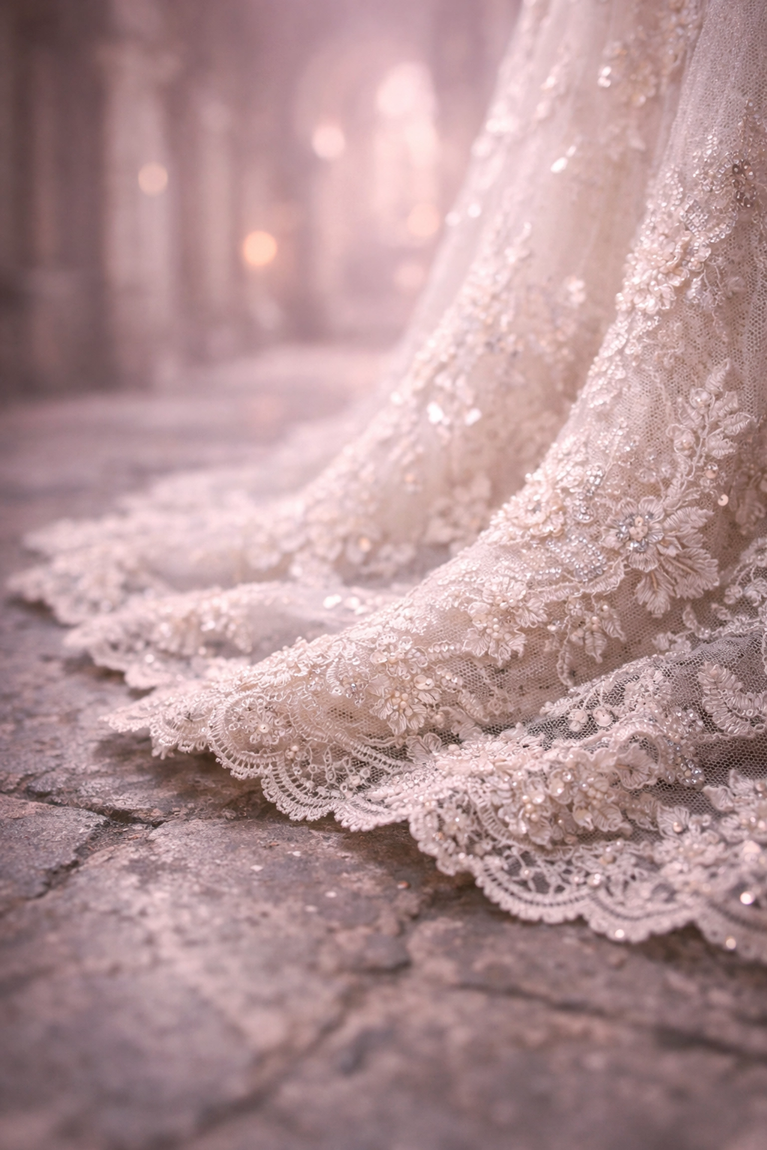 Intricate luxury lace wedding dress hem resting on historic stone floors at The Old Deanery.