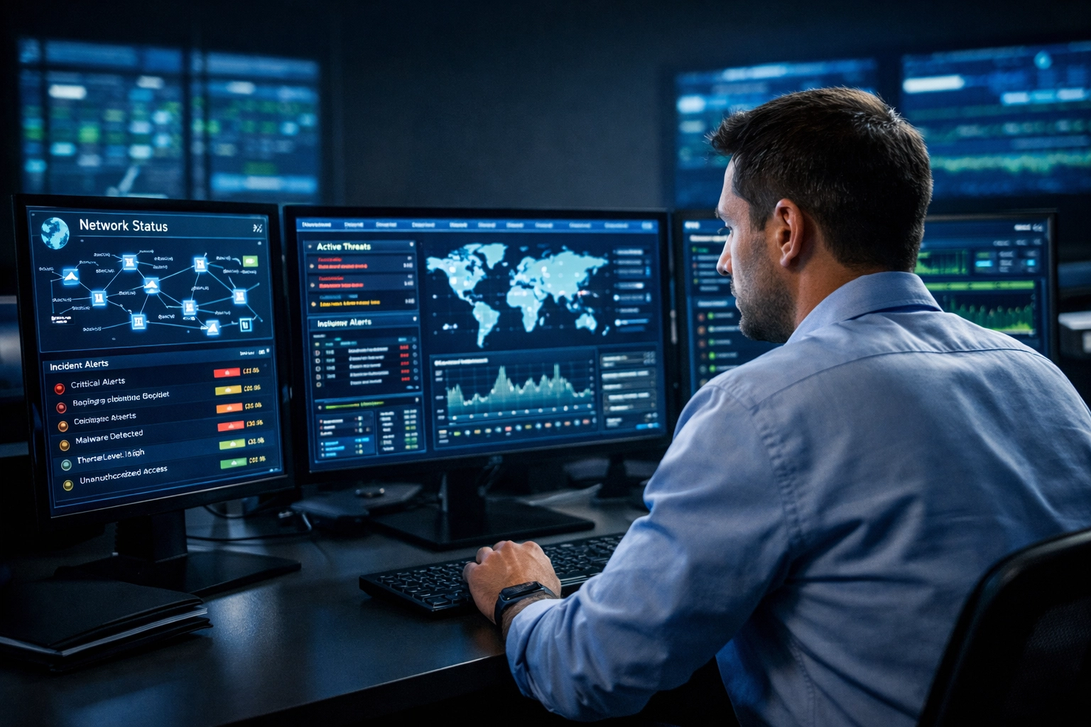 IT professional monitoring security dashboards for application managed services delivery