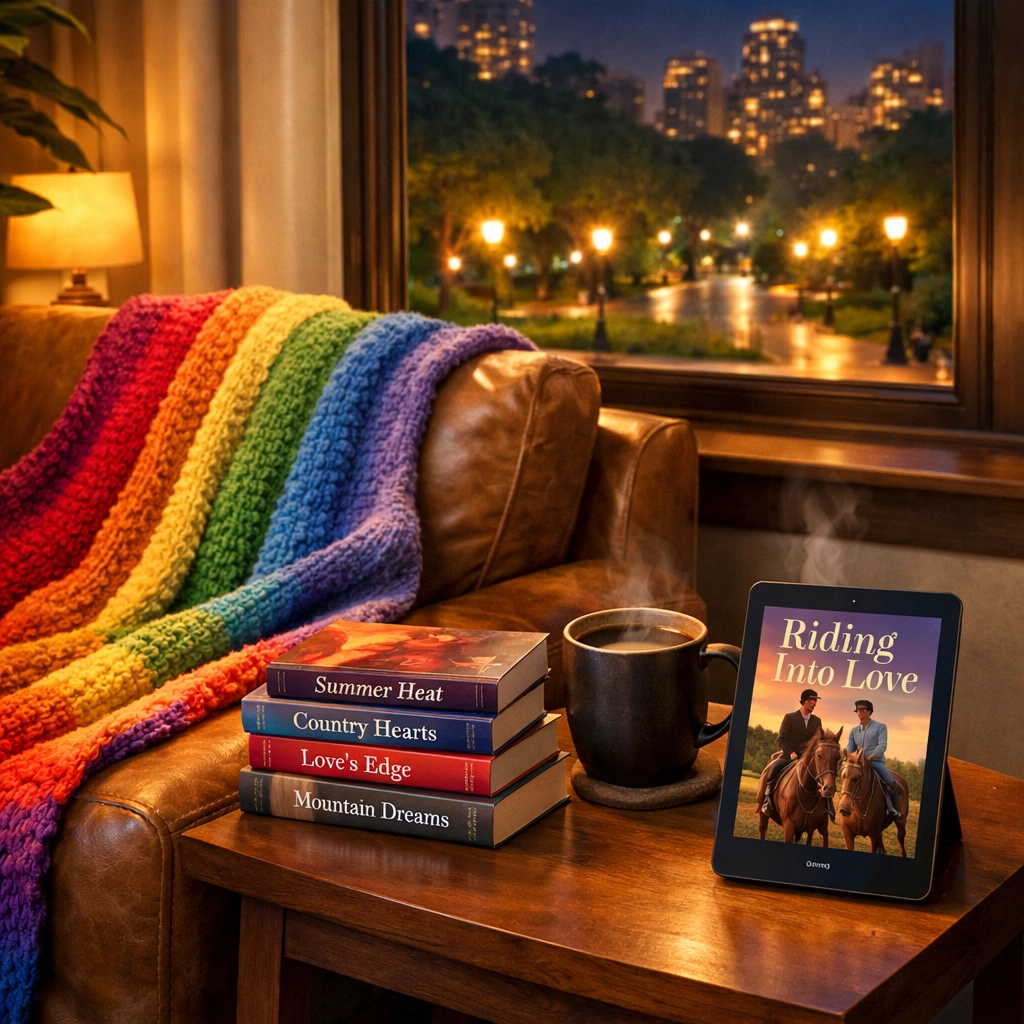 A comfortable home library setting featuring a collection of LGBTQ+ ebooks and MM romance novels.