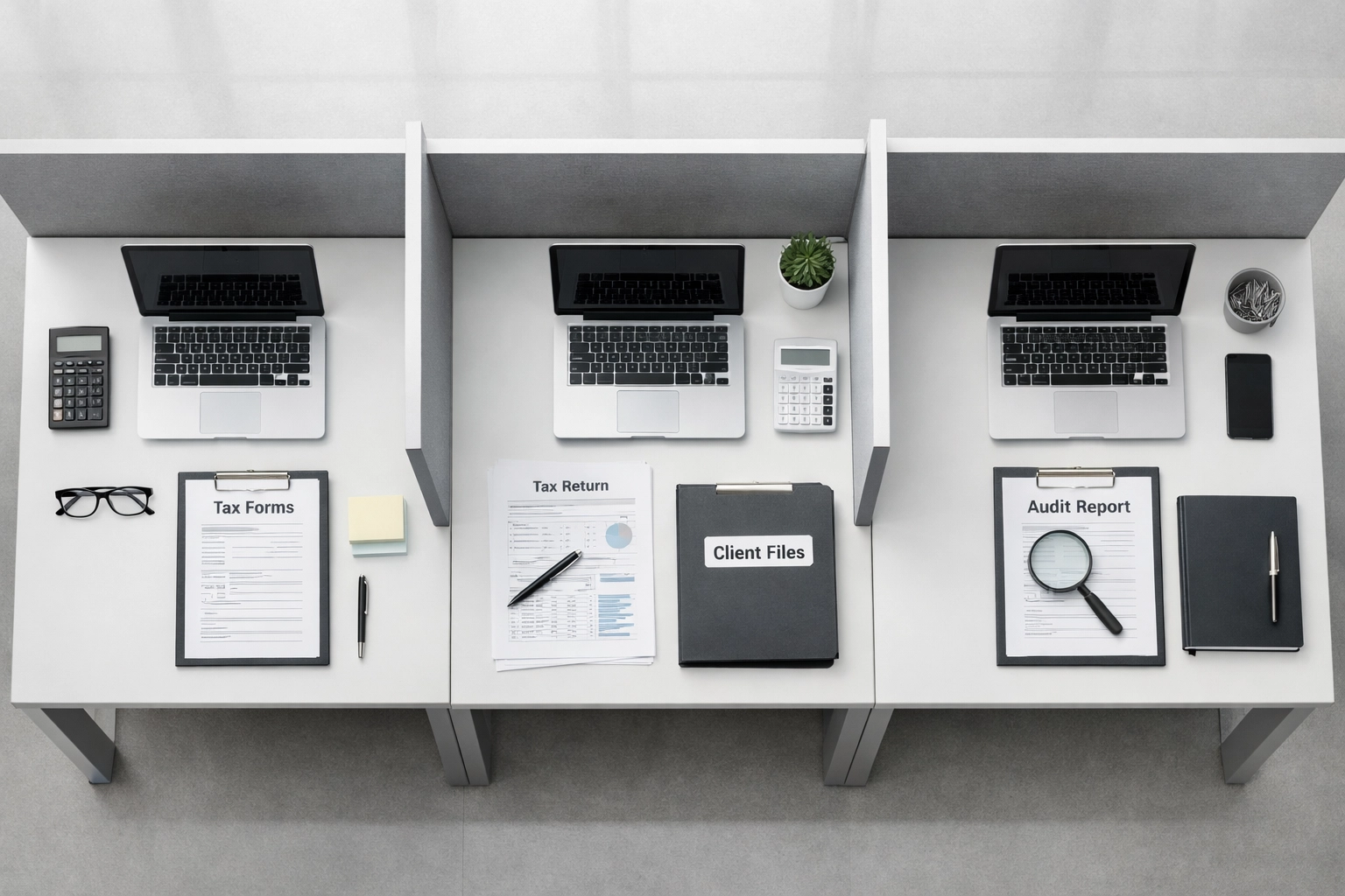 Three organized tax preparer workstations showing workflow separation for high-volume processing