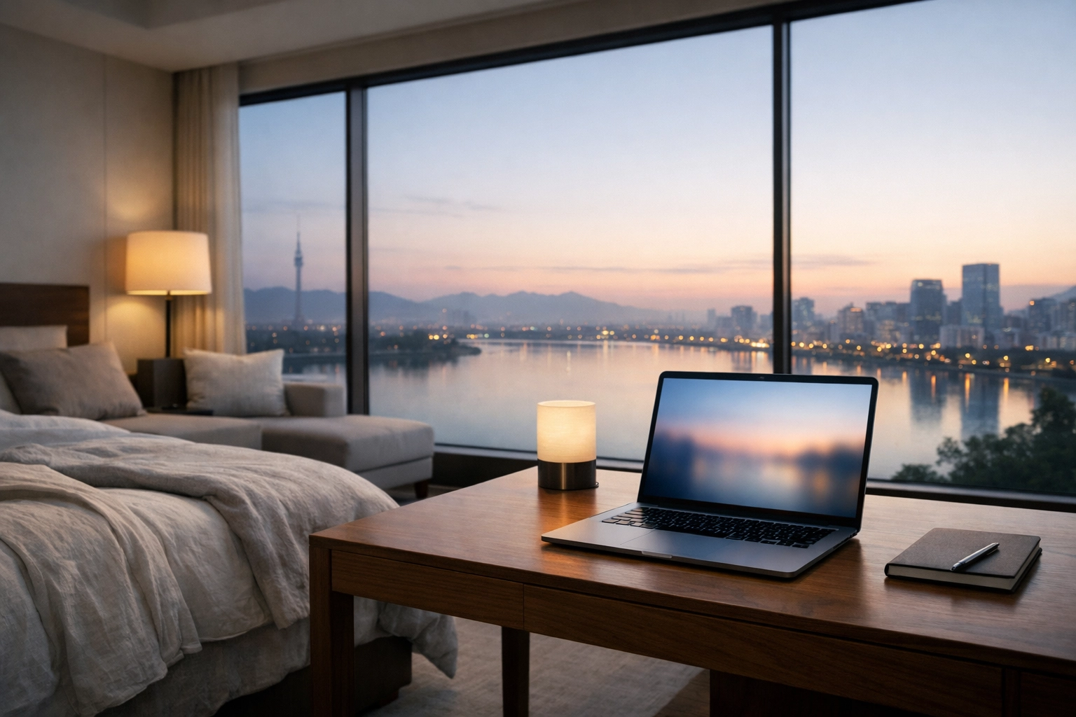Luxury hotel suite with a laptop managing dynamic pricing and hotel revenue.