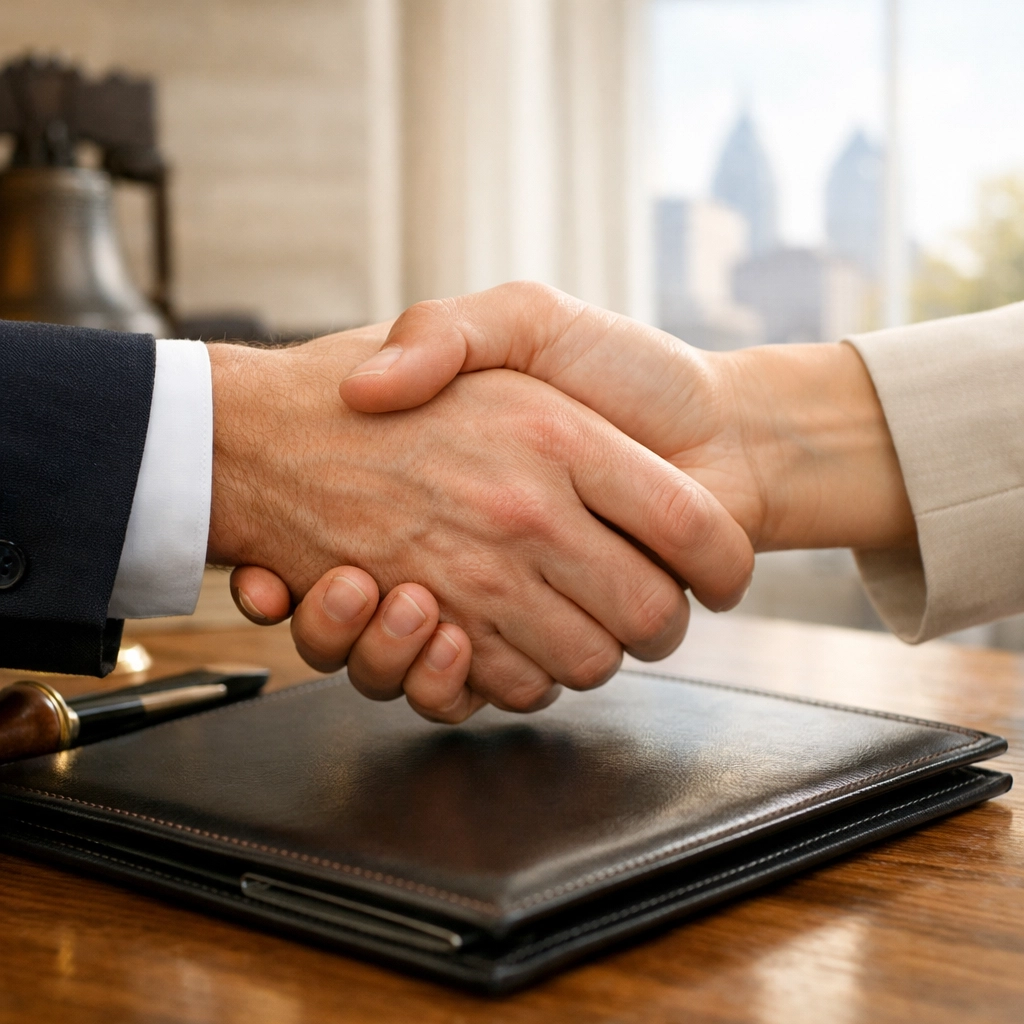 Trustworthy mobile notary near me completing a professional service with a handshake in a Philadelphia home.