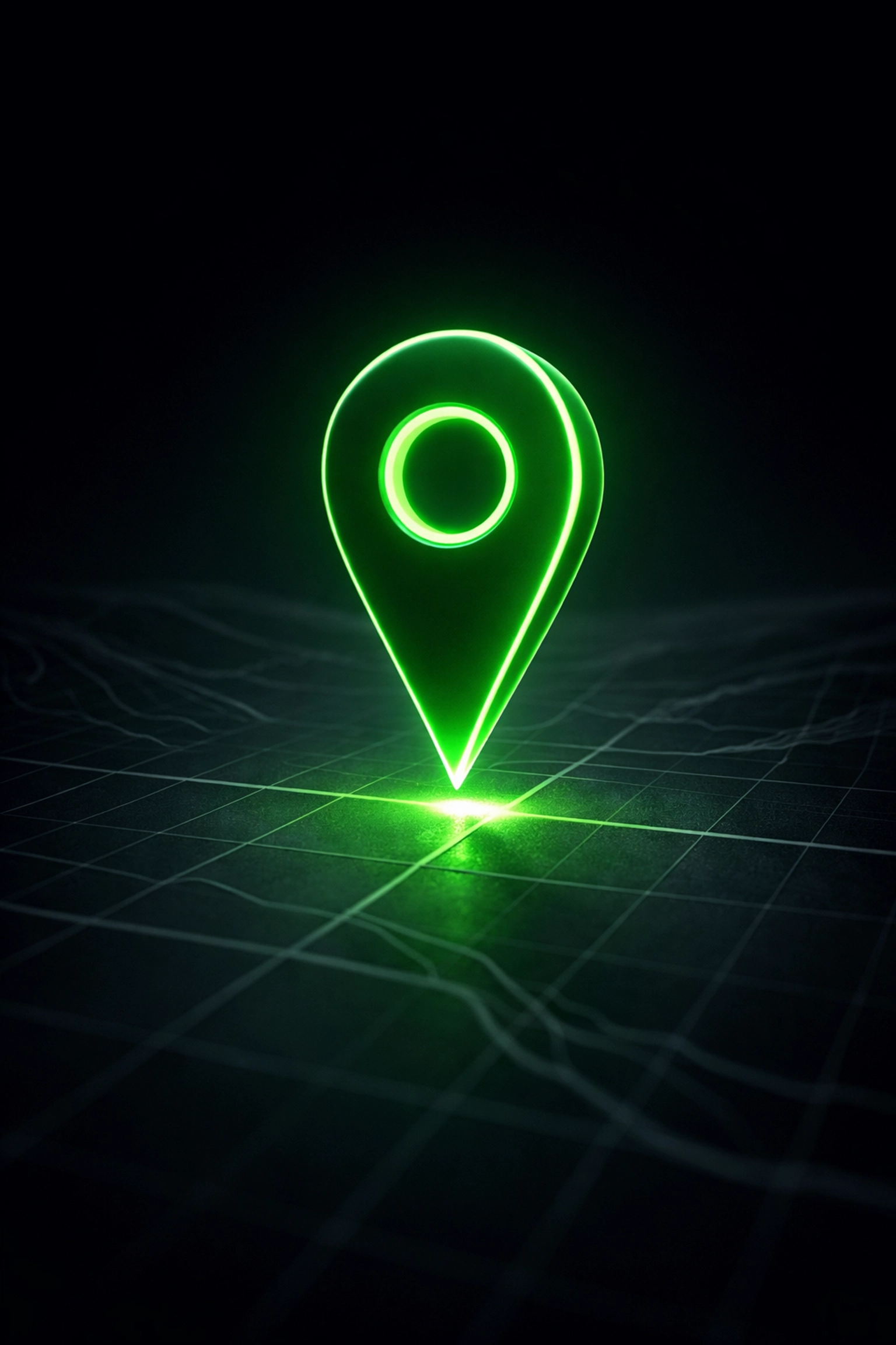 Glowing green GPS pin on a digital grid marking a localized towing service area.