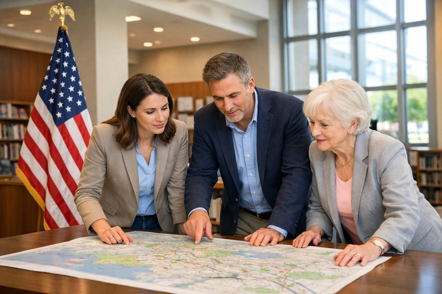 Diverse American citizens collaborating on community civic projects in a town hall with a US flag.