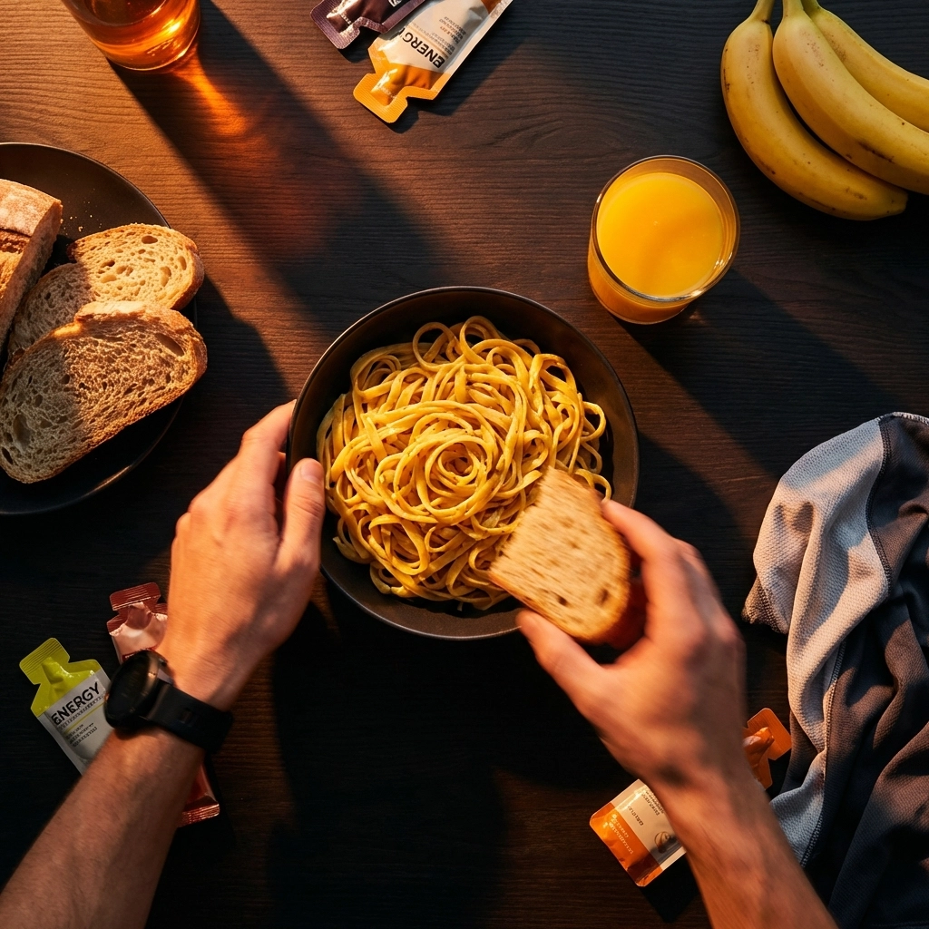 Runner's pre-race meal with pasta, bread, bananas, and juice, perfect for carb loading before marathons.