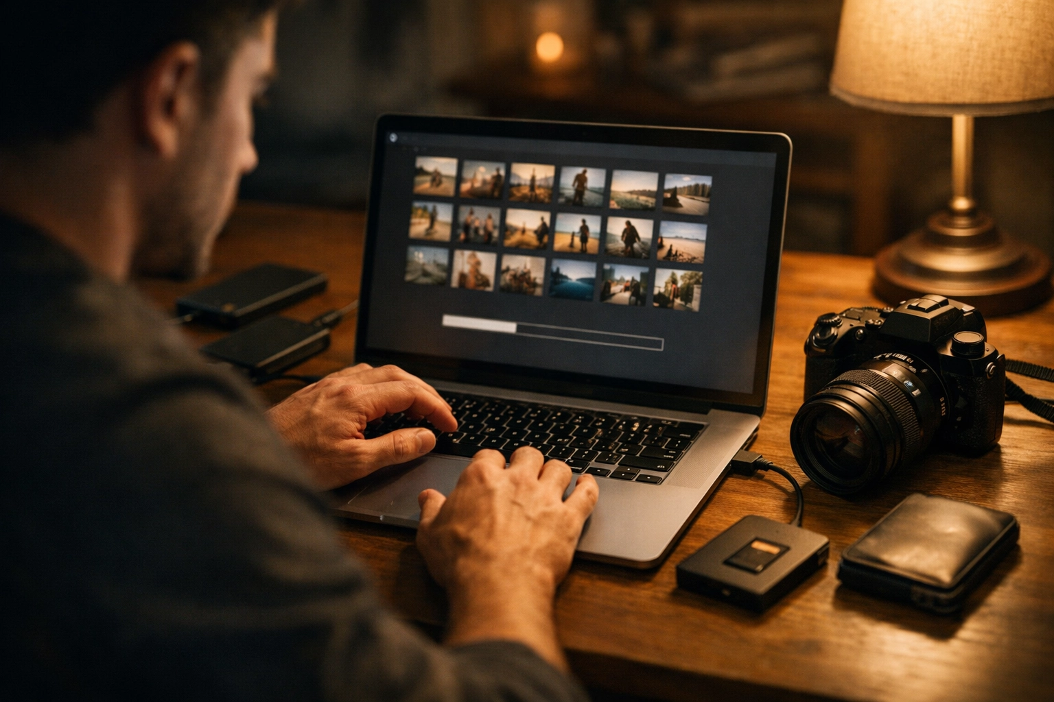 Photographer in a home studio uploading a high-resolution gallery to a website for faster page speed.