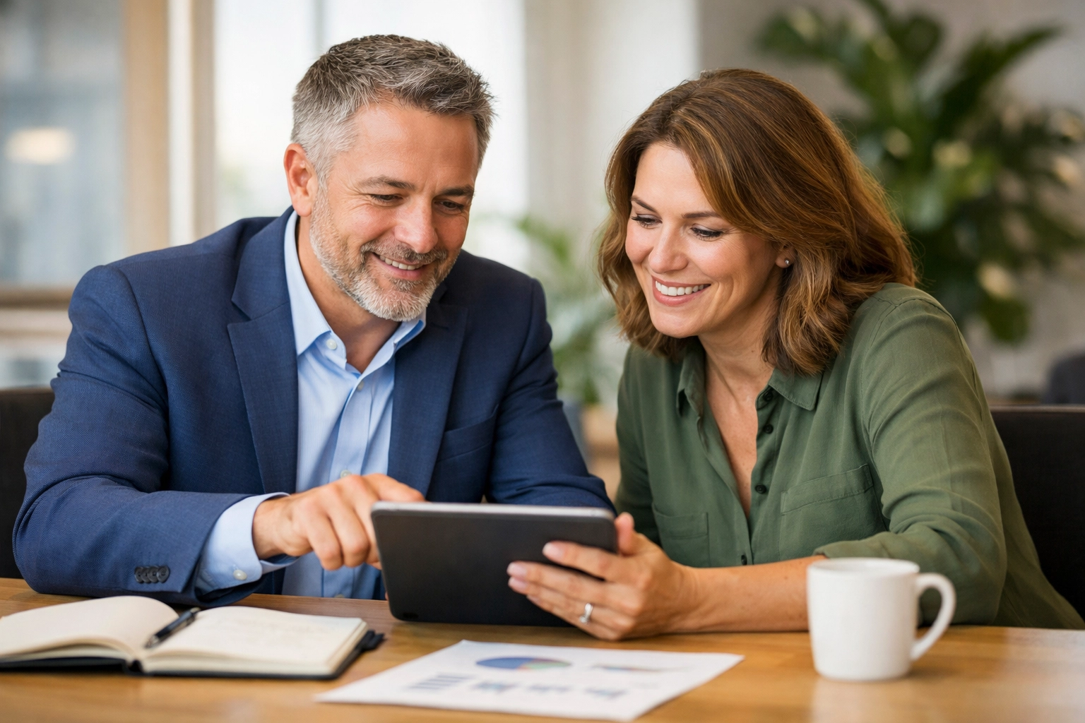 Fractional CFO for small business discussing financial strategies with owner in professional office.
