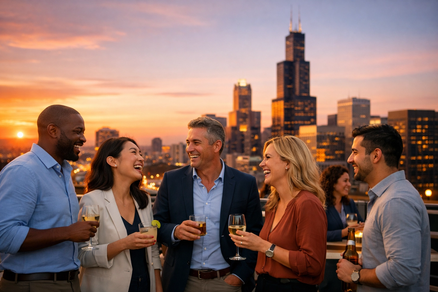 Corporate event photography of attendees at a networking session with the Chicago skyline at sunset.
