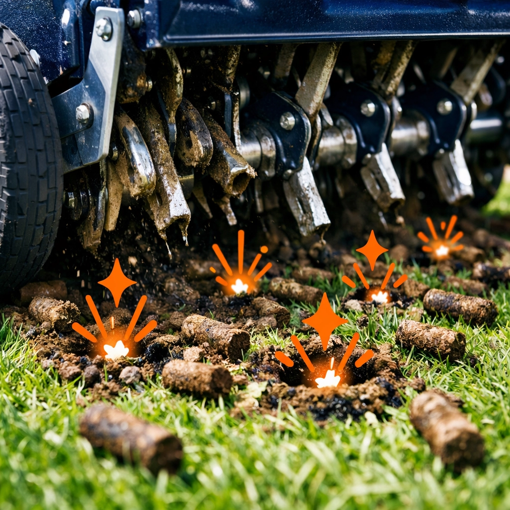 Close-up of a core aerator machine creating soil plugs on a green Burlington lawn.