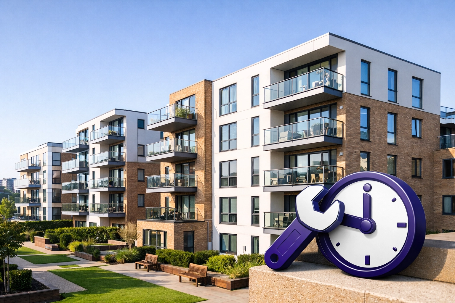 Modern Essex residential apartment complex with icons representing efficient maintenance and repair services.