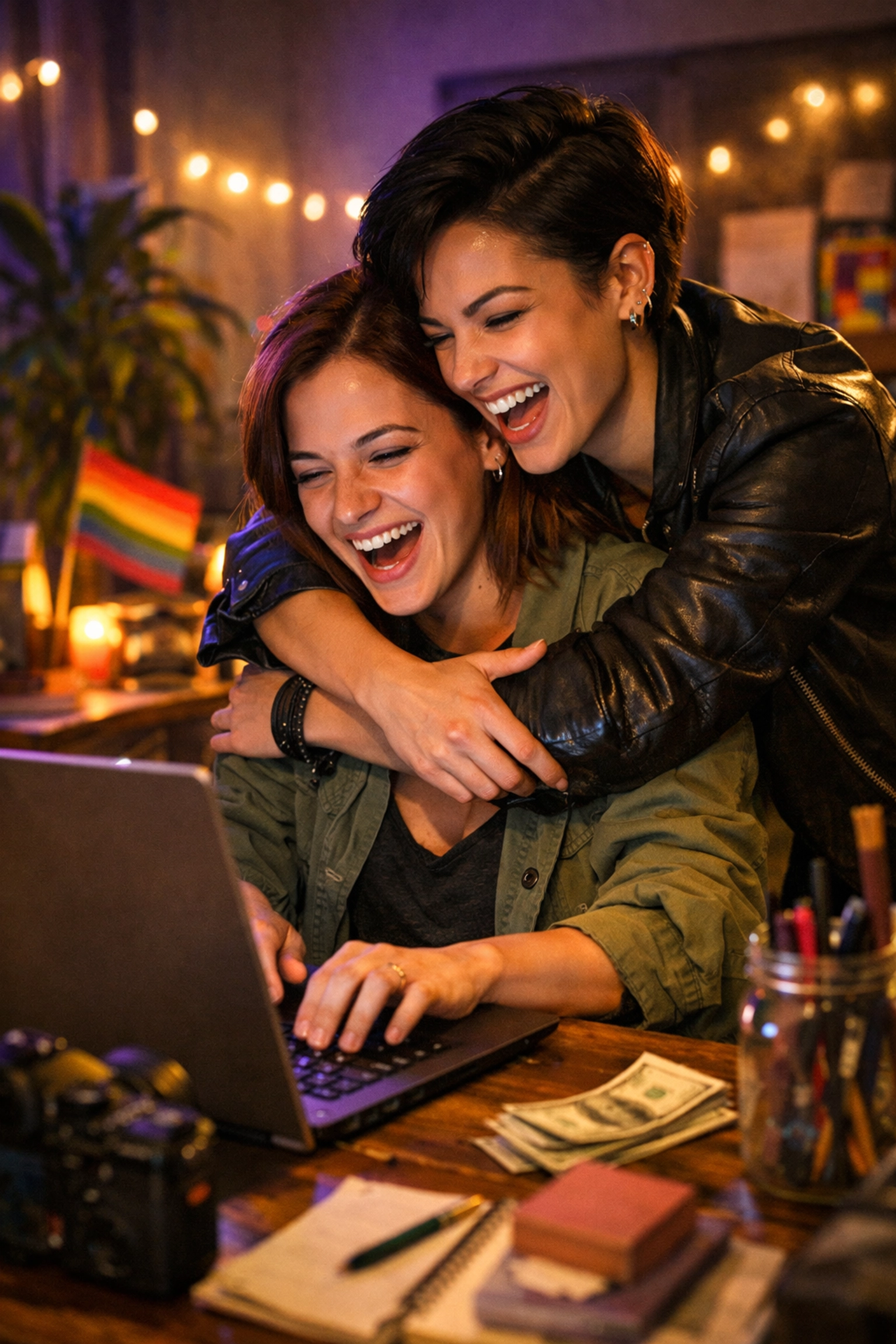 Lesbian authors celebrating high royalties and financial empowerment in their modern home publishing studio.