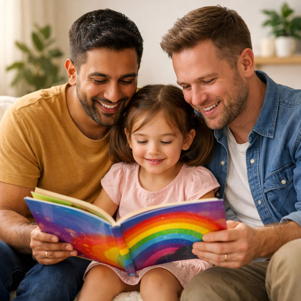 Two gay fathers reading an inclusive picture book with their daughter on a cozy sofa.