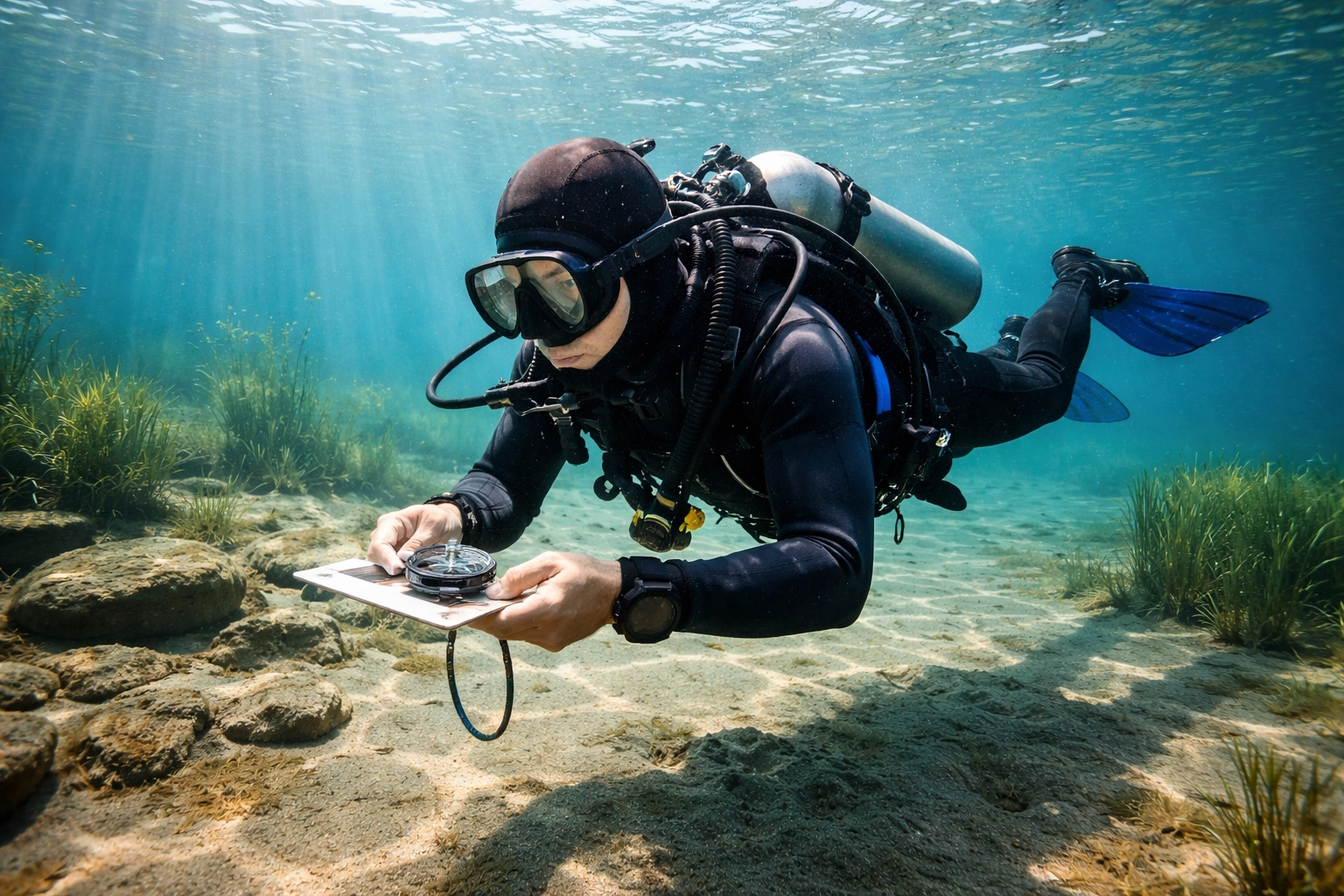 Taucher navigiert mit Kompass am Seegrund – Navigation Specialty für sicheres Tauchen