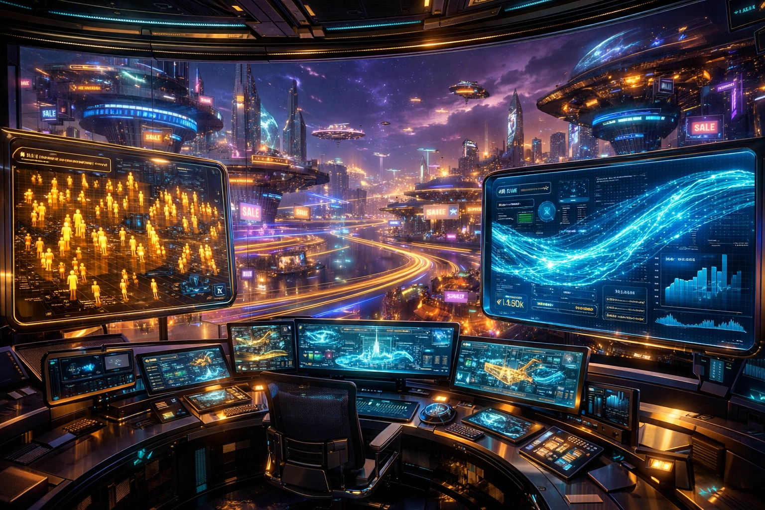 AI merchant analytics and transaction data overlooking a bustling Metaverse digital shopping district.