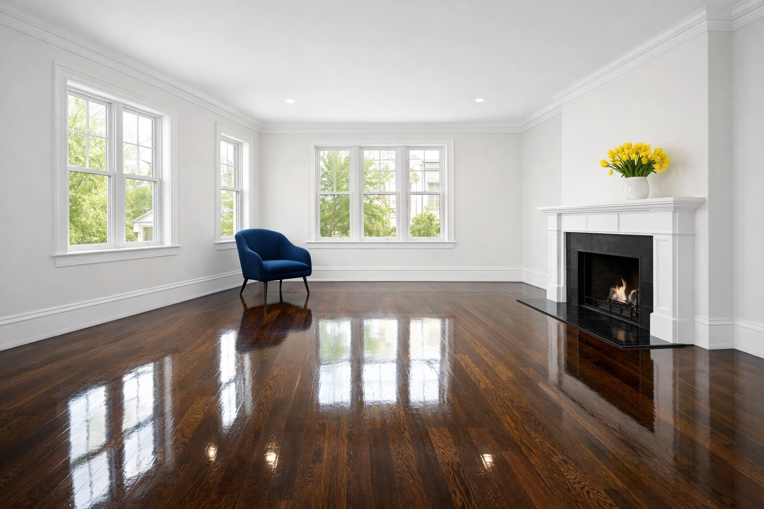 Polished hardwood floors in an empty North Cambridge apartment after a professional move-out clean.