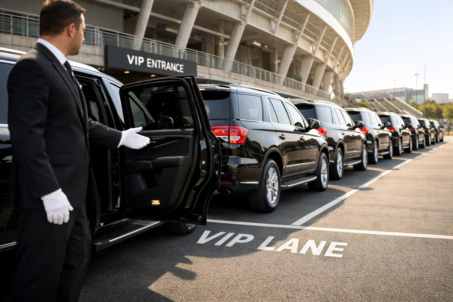 Luxury black SUVs and chauffeurs providing VIP Super Bowl corporate transportation at a stadium entrance.