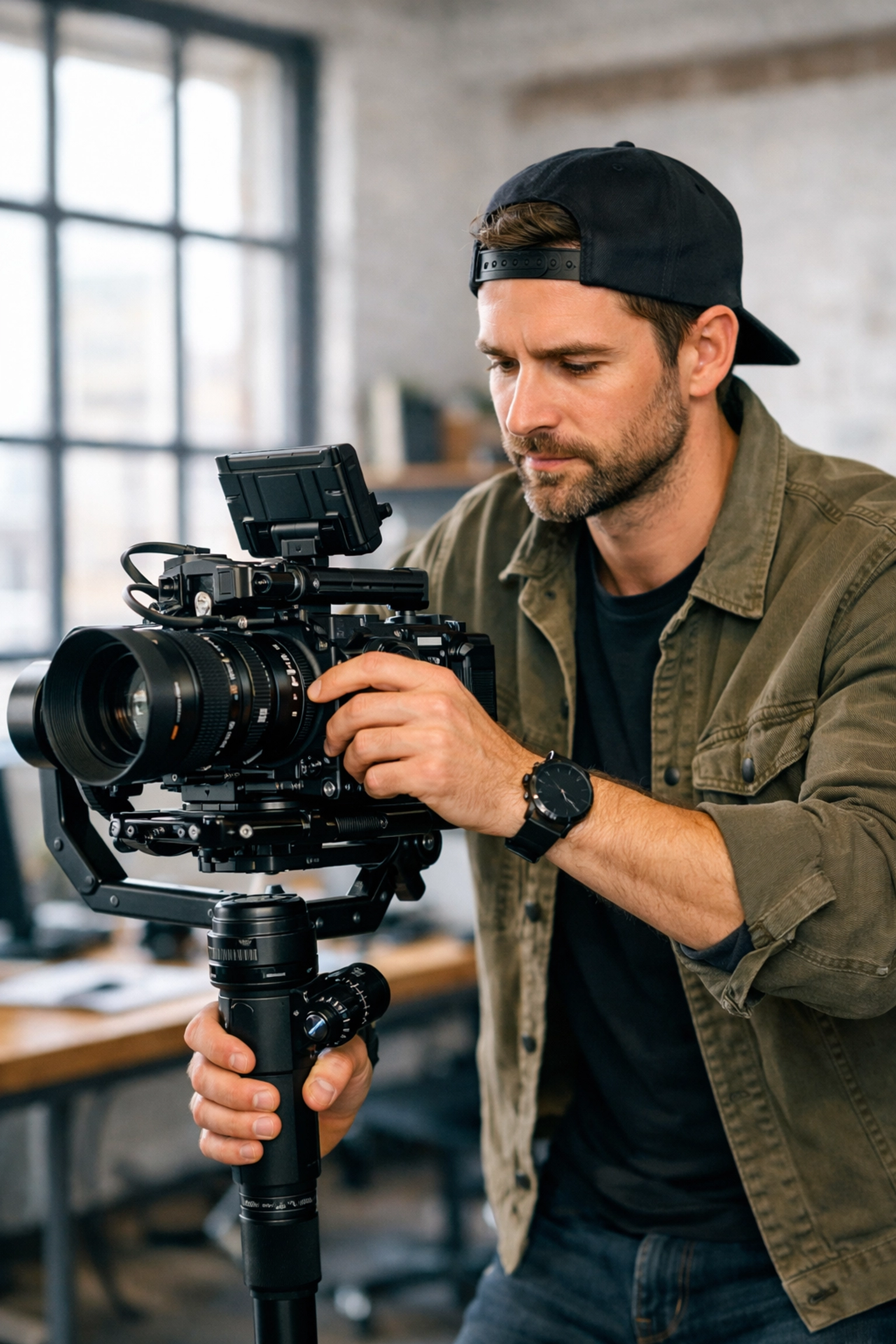 Professional videographer adjusting a cinema camera to create high-quality portfolio work for Proshoot.io.