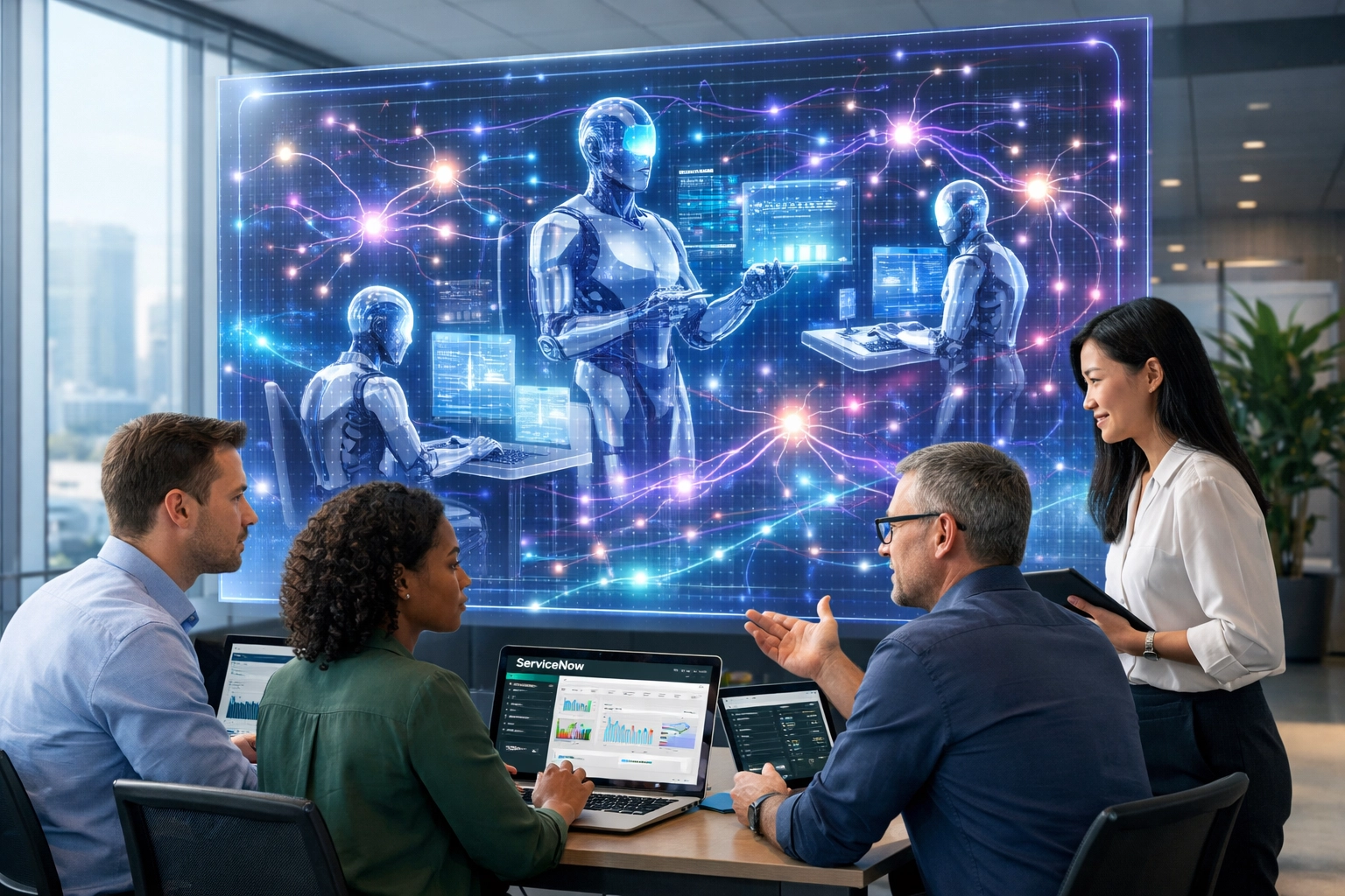 IT operations team using ServiceNow ITOM with AI-powered monitoring dashboards