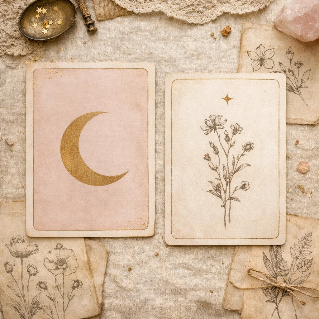 Minimalist tarot cards and vintage botanical sketches reflecting the ethereal High As Hope album era.