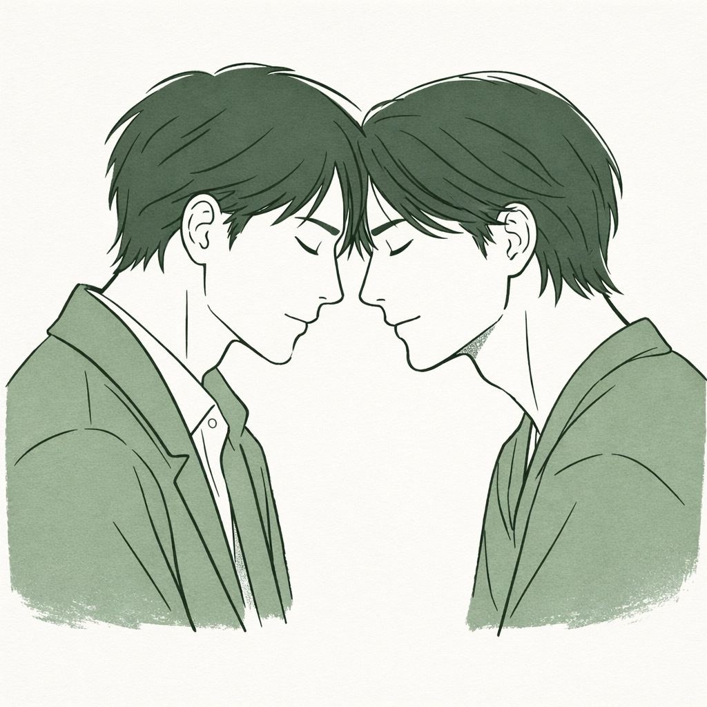 Two Japanese men sharing an intimate moment of Honne in a minimalist gay fiction illustration.