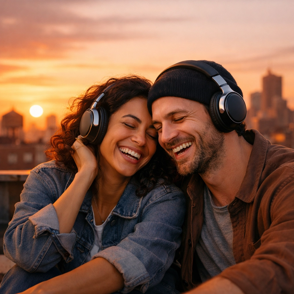 Friends sharing headphones at sunset, experiencing the emotional connection of a custom Ujamma song.