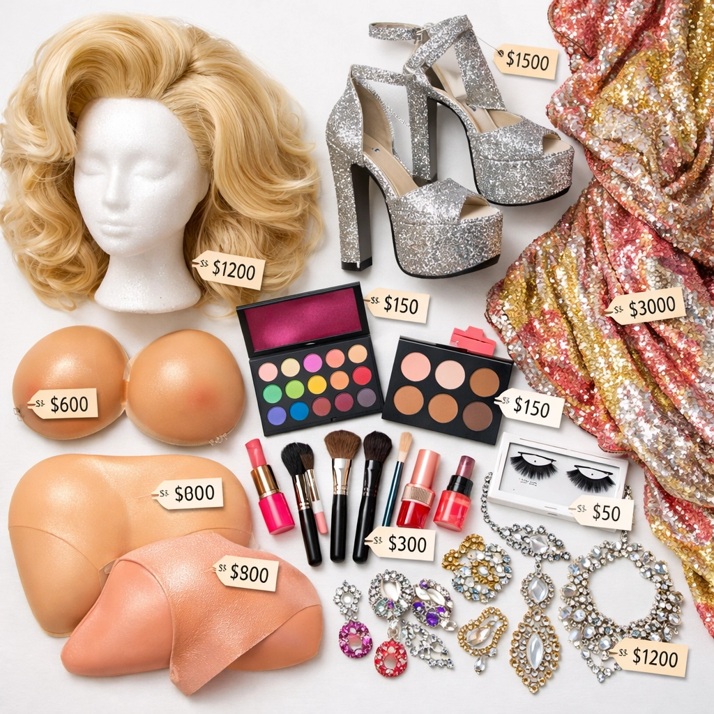 Expensive drag queen supplies including wigs, heels, gowns, and makeup with price tags
