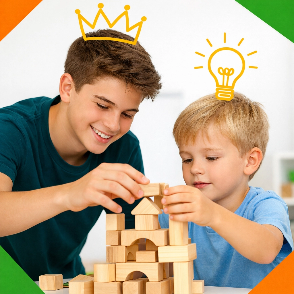 Teenage boy mentoring a child, illustrating leadership skills taught in the Complete Life Skills Platform.