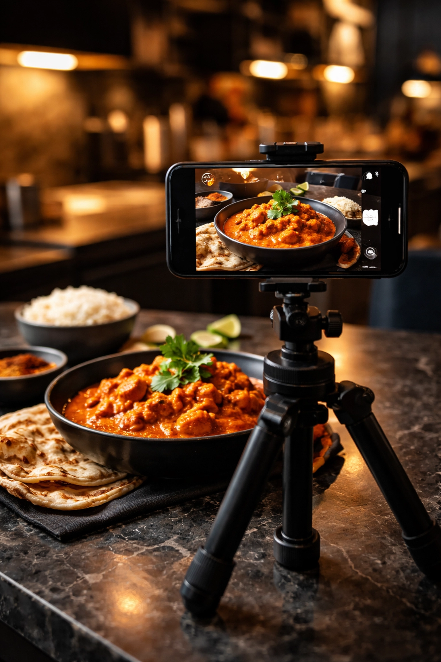 Chef's butter chicken dish photographed in a Brisbane Indian restaurant kitchen for online menu updates