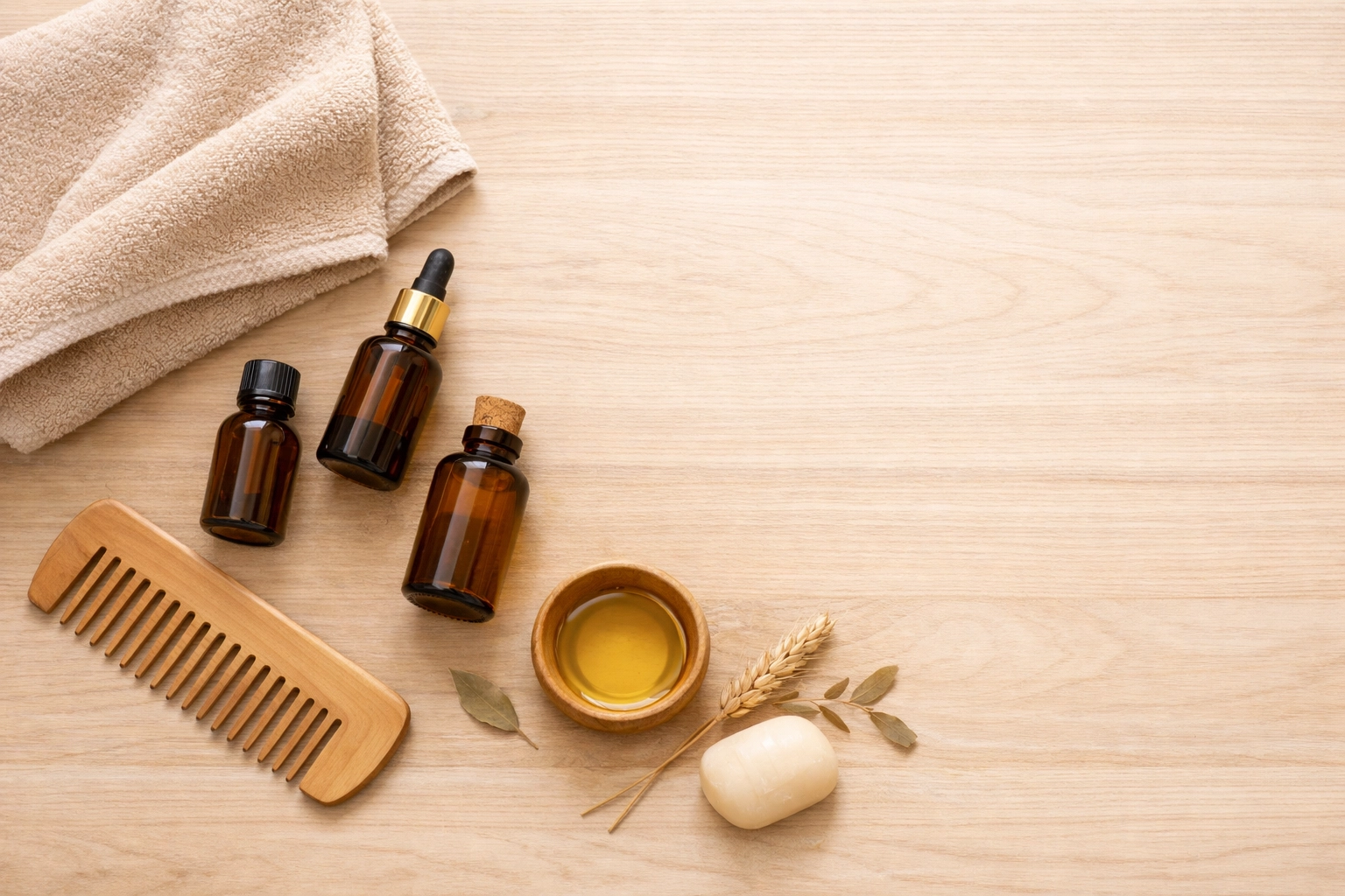 Natural hair care products including oils, wide-tooth comb, and microfiber towel
