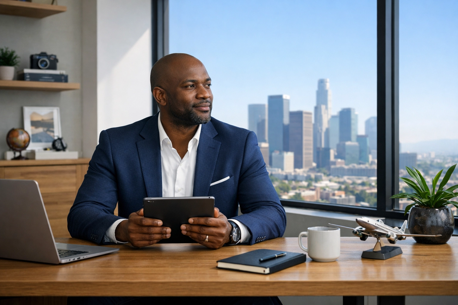 A successful travel business owner in a modern office planning his next steps as a solo entrepreneur.