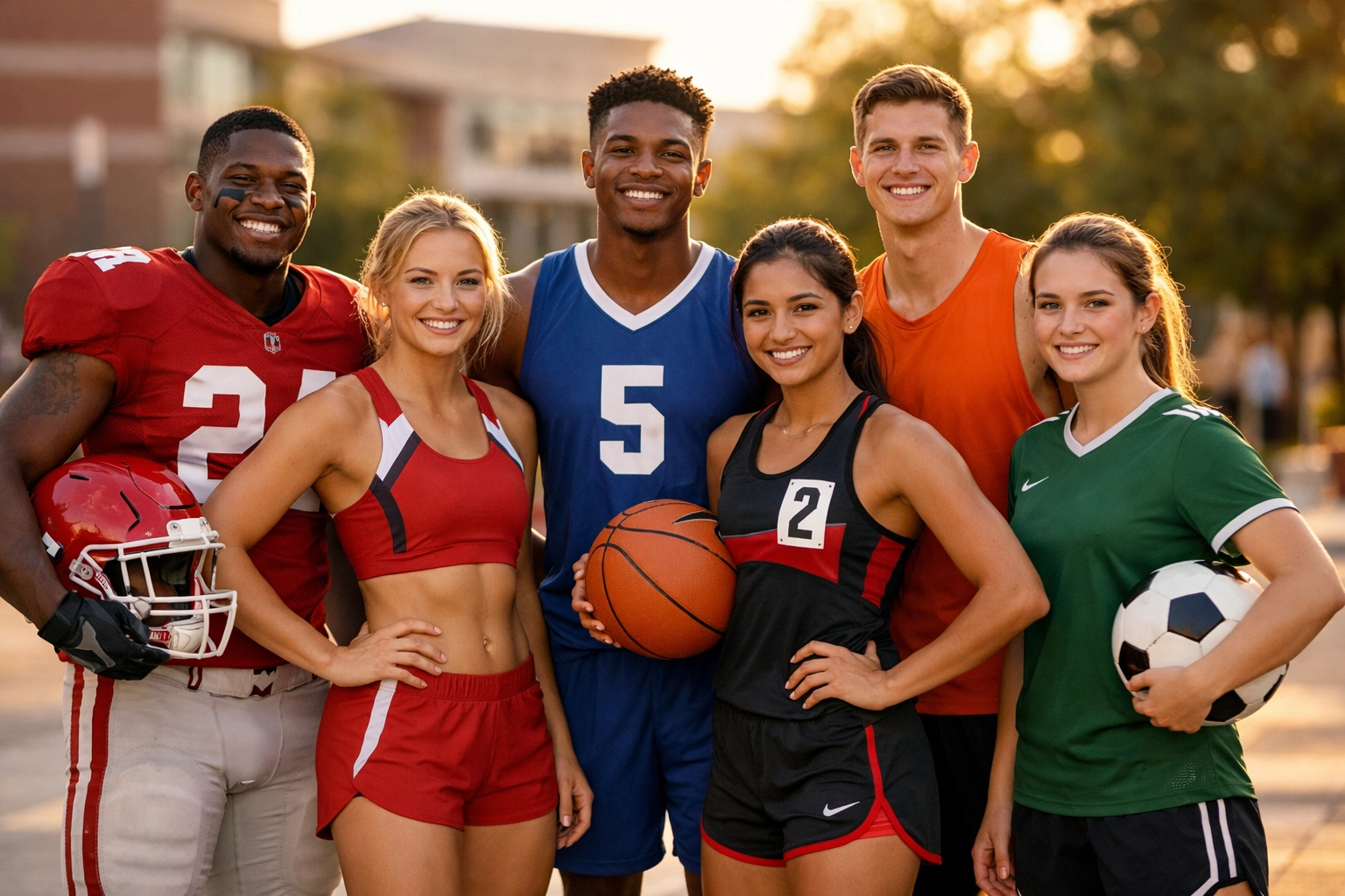 Diverse group of college student-athletes representing authentic NIL voices for Super Bowl campaigns.