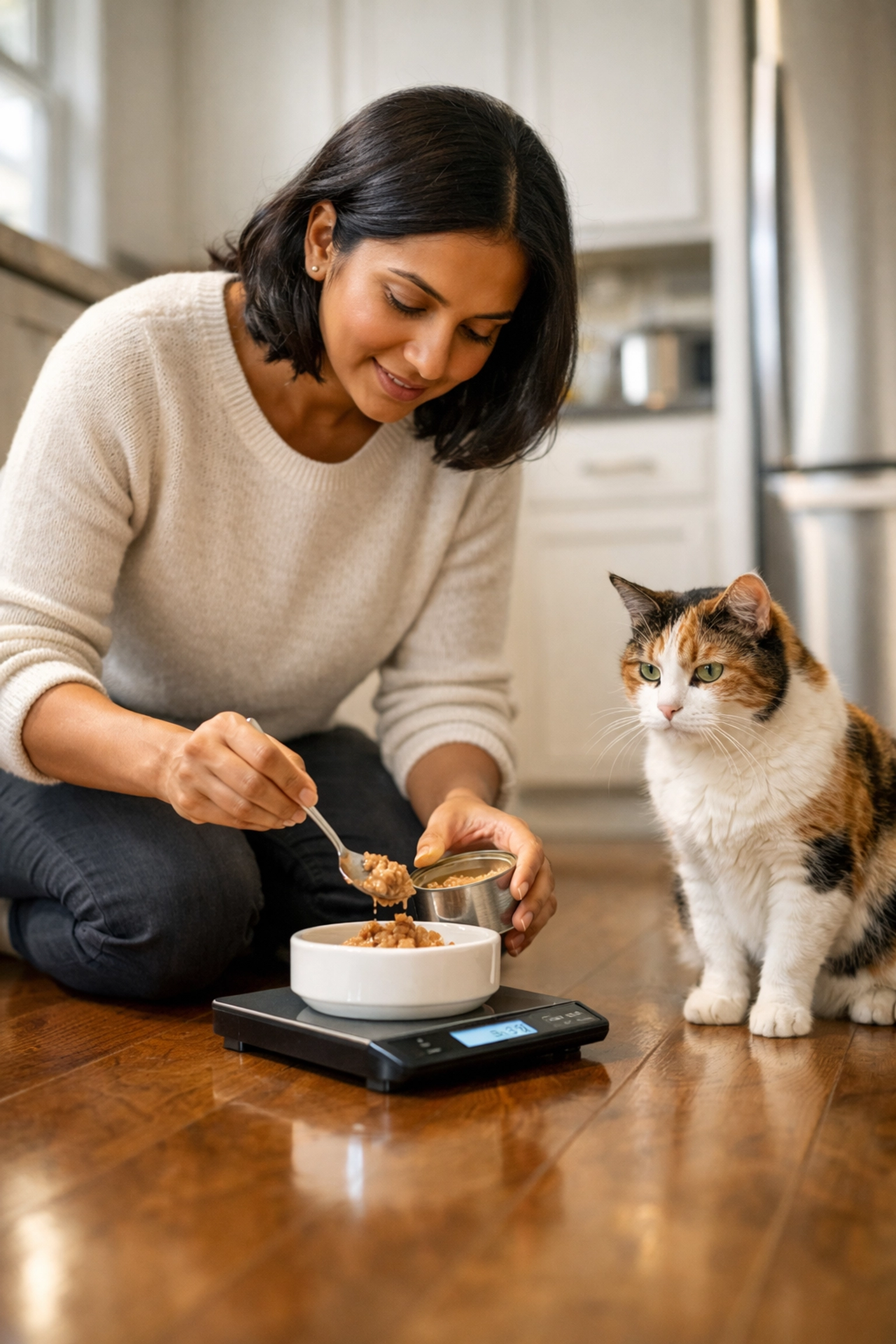 Professional cat sitter Walnut Creek specialist measuring food for a senior calico cat in-home.