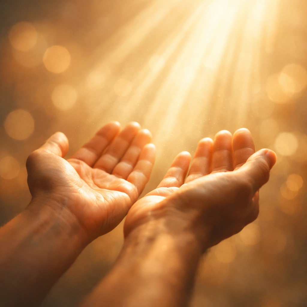 Open hands receiving light symbolizing God's grace and salvation through faith