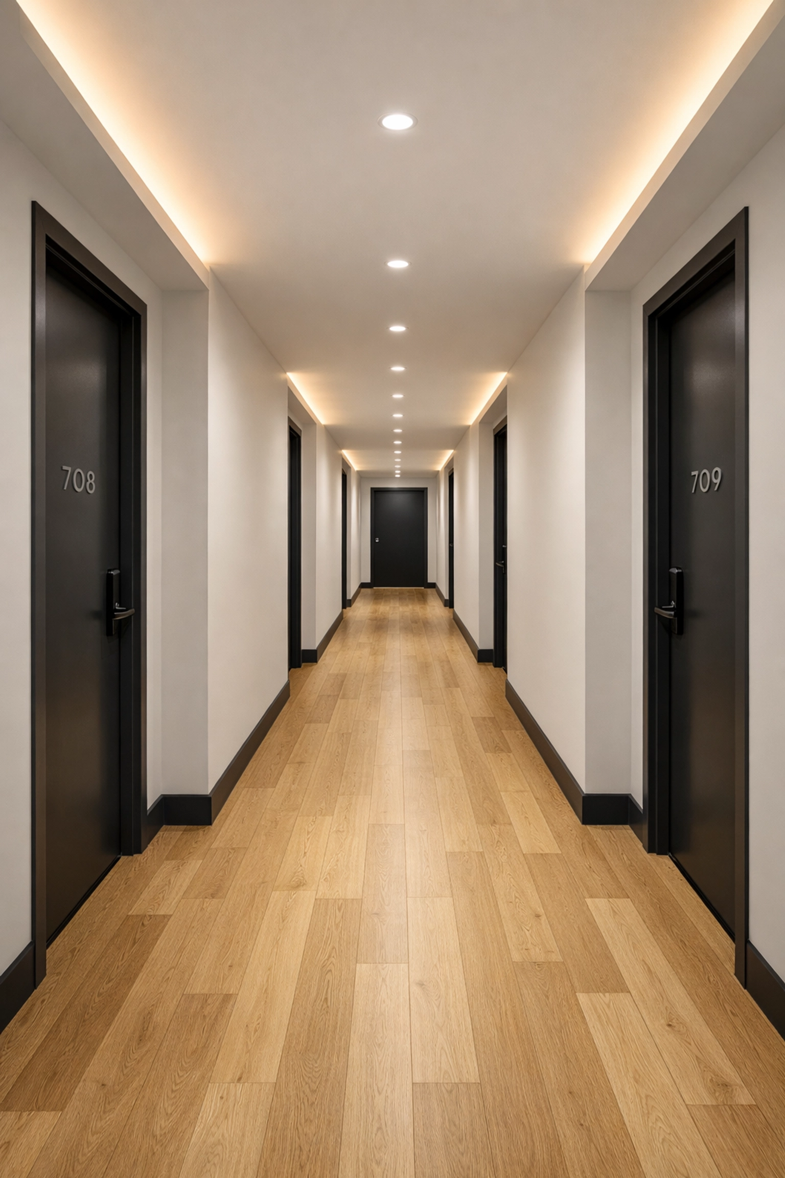 Clean and modern hallway of a Detroit multifamily property managed with efficient turnover cleaning services.
